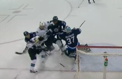 WATCH: Byfuglien Takes Out Three Guys In Huge Train Wreck